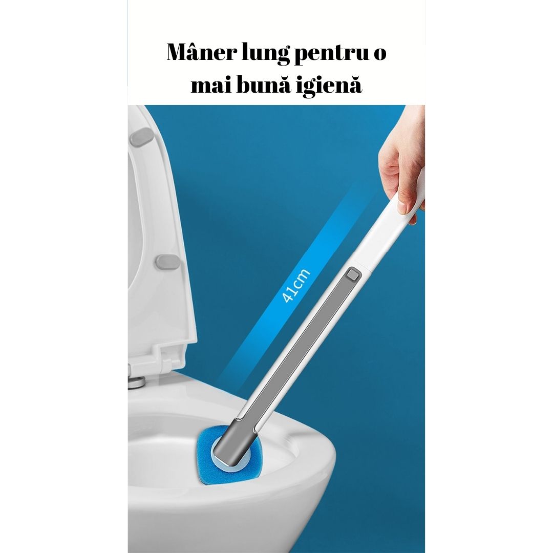 Perie WC cu mâner lung + SET 8 REZERVE DE UNICĂ FOLOSINȚĂ